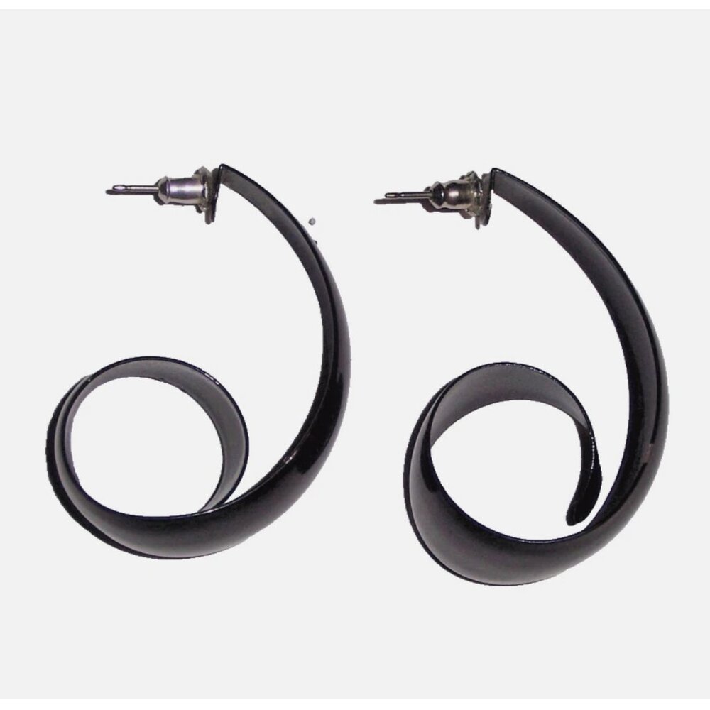 Vintage 90s Retro Y2K Black Plastic Swirly Hoop Fashion Earrings